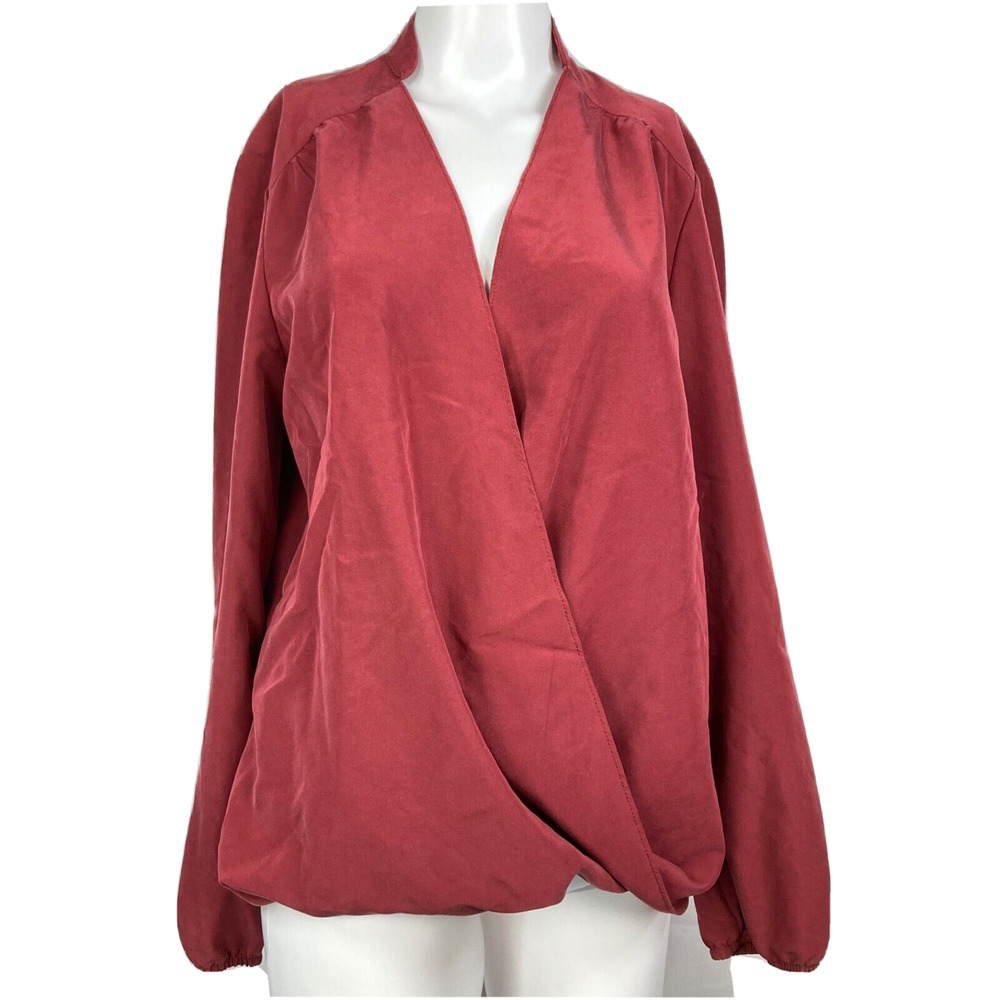 Drew Shirt Women Sz M Burgundy Long Sleeve V Neck Draped Wrap Front Blouse Modal